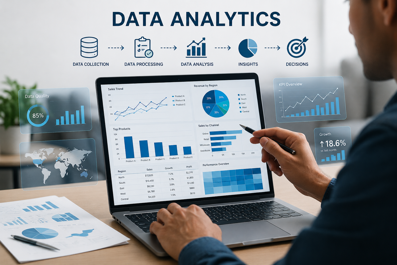 Analyst reviewing a data analytics dashboard on a laptop